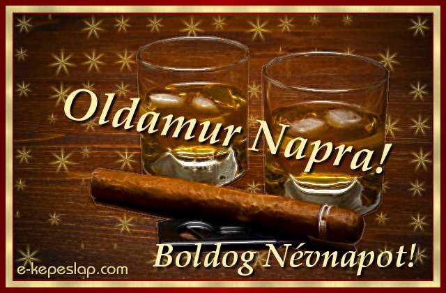 Oldamur n�vre sz�l� k�peslap, whiskyvel �s k�sz�nt� felirattal Oldamur n�vnapra.
