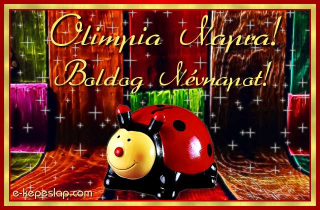 Kpeslap Olimpia nvnapra gyerekeknek, aranyos piros katicabogrral s boldog nvnapot felirattal.