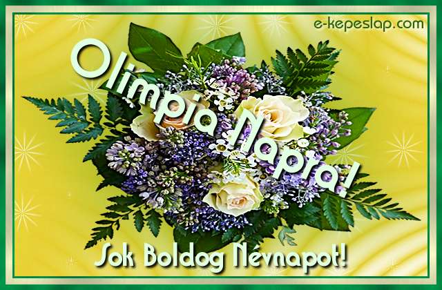 Nvre szl rzss virgcsokor Olimpia nvnapra, boldog nvnapot ksznt felirattal.