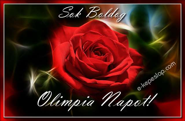 Sejtelmes piros rzsa nvre szl kpeslap, Olimpia nvnapra, ksznt felirattal.