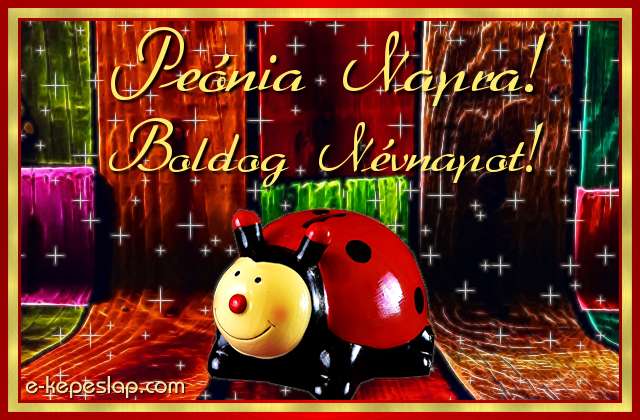 Kpeslap Penia nvnapra gyerekeknek, aranyos piros katicabogrral s boldog nvnapot felirattal.
