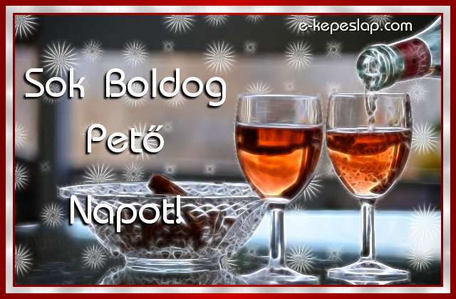 K�peslap Pet� n�vnapra, k�sz�nt� boros poharakkal, boldog n�vnapot felirattal.