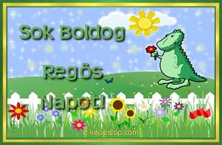 Din�s n�vre sz�l� k�peslap fi�knak Reg�s n�vnapra, kedves kis z�ld dinoszaurusz �dv�zl�s�vel �s k�sz�nt� felirattal.