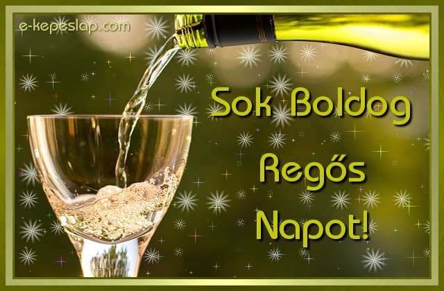 N�vre sz�l� k�peslap Reg�s n�vnapra, k�sz�nt� boros poh�rral, boldog n�vnapot felirattal.