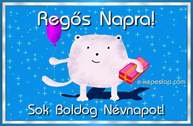 K�peslap Reg�s n�vnapra gyermekeknek, aranyos �llatos figur�val, lufival �s aj�nd�kkal, boldog n�vnapot felirattal.