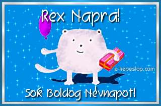 Kpeslap Rex nvnapra gyermekeknek, aranyos llatos figurval, lufival s ajndkkal, boldog nvnapot felirattal.