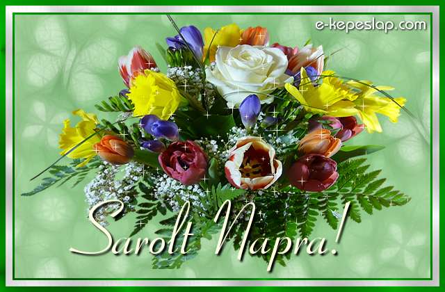 Sz�nes vir�gcsokor n�vre sz�l� k�sz�nt� felirattal, Sarolt n�vnapra.