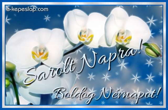 N�vnapi k�peslap Sarolt n�vnapra feh�r orchide�val �s szem�lyre sz�l� k�sz�nt� felirattal.