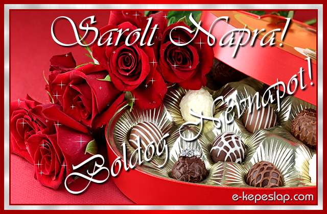 Bonbon �s csillog� v�r�s r�zs�k k�peslap, szem�lyre sz�l� k�sz�nt� felirattal Sarolt n�vnapra.