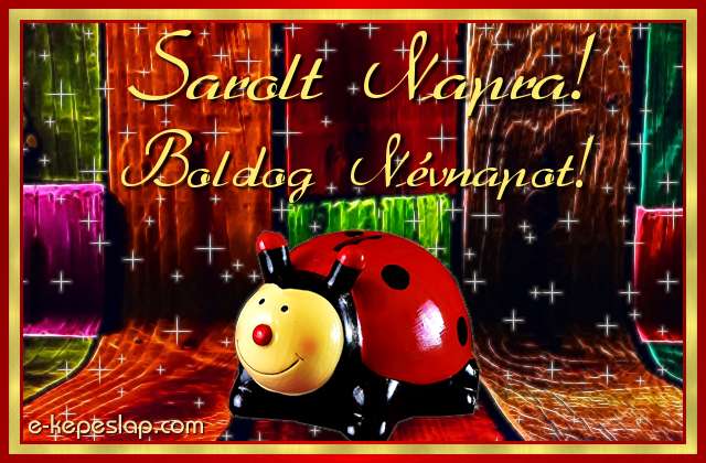 K�peslap Sarolt n�vnapra gyerekeknek, aranyos piros katicabog�rral �s boldog n�vnapot felirattal.