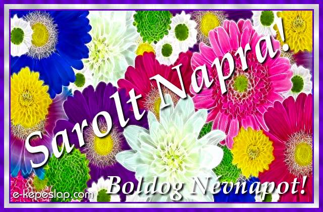 Sz�nes, vir�gmint�s k�peslap n�vre sz�l� k�sz�nt� felirattal, Sarolt n�vnapra.