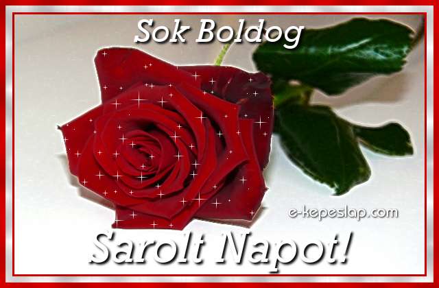Sarolt n�vre sz�l� k�peslap, csillog� v�r�s r�zsasz�llal �s k�sz�nt� felirattal.