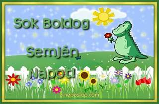 Dins nvre szl kpeslap fiknak Semjn nvnapra, kedves kis zld dinoszaurusz dvzlsvel s ksznt felirattal.