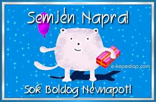 Kpeslap Semjn nvnapra gyermekeknek, aranyos llatos figurval, lufival s ajndkkal, boldog nvnapot felirattal.