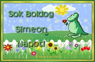 Dins nvre szl kpeslap fiknak Simeon nvnapra, kedves kis zld dinoszaurusz dvzlsvel s ksznt felirattal.