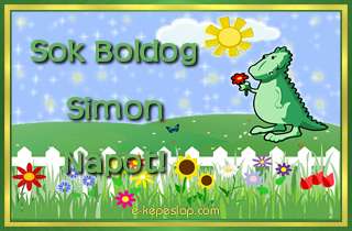 Dins nvre szl kpeslap fiknak Simon nvnapra, kedves kis zld dinoszaurusz dvzlsvel s ksznt felirattal.