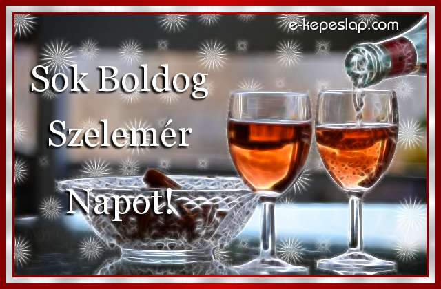 K�peslap Szelem�r n�vnapra, k�sz�nt� boros poharakkal, boldog n�vnapot felirattal.