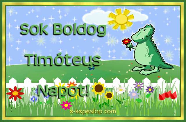 Dinós névre szóló képeslap fiúknak Timóteus névnapra, kedves kis zöld dinoszaurusz üdvözlésével és köszöntő felirattal.