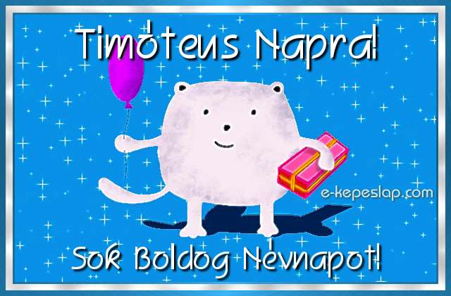 Képeslap Timóteus névnapra gyermekeknek, aranyos állatos figurával, lufival és ajándékkal, boldog névnapot felirattal.