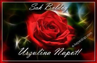 Sejtelmes piros rzsa nvre szl kpeslap, Urzulina nvnapra, ksznt felirattal.