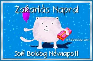 Kpeslap Zakaris nvnapra gyermekeknek, aranyos llatos figurval, lufival s ajndkkal, boldog nvnapot felirattal.