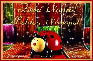 K�peslap Zseni n�vnapra gyerekeknek, aranyos piros katicabog�rral �s boldog n�vnapot felirattal.