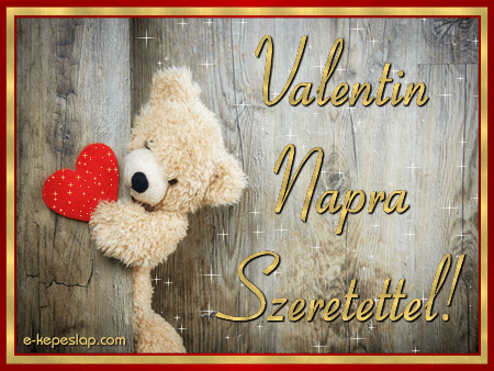 Szerelmes Valentin napi kpeslap, aranyos macival.